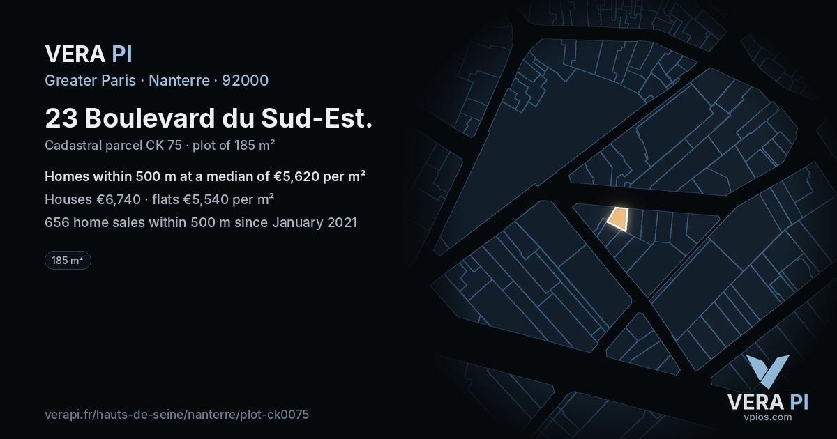 23 Boulevard du Sud-Est, Nanterre at night – the plot lit, the parcels around coloured by the prices near them