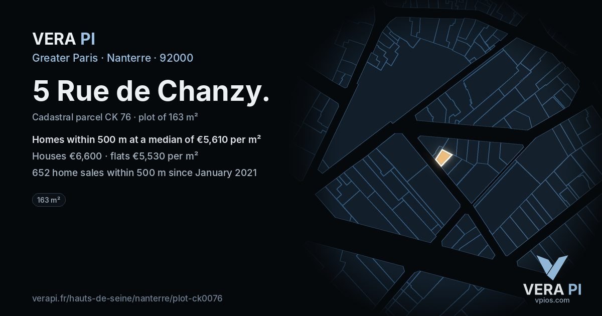 5 Rue de Chanzy, Nanterre at night – the plot lit, the parcels around coloured by the prices near them