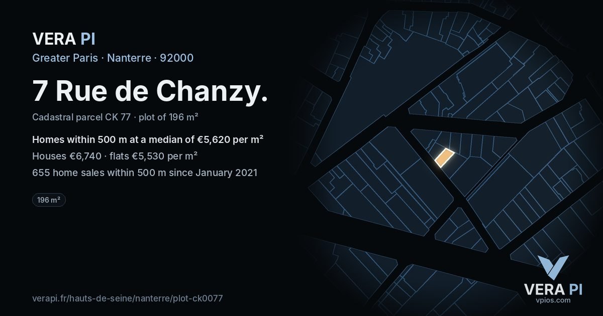 7 Rue de Chanzy, Nanterre at night – the plot lit, the parcels around coloured by the prices near them