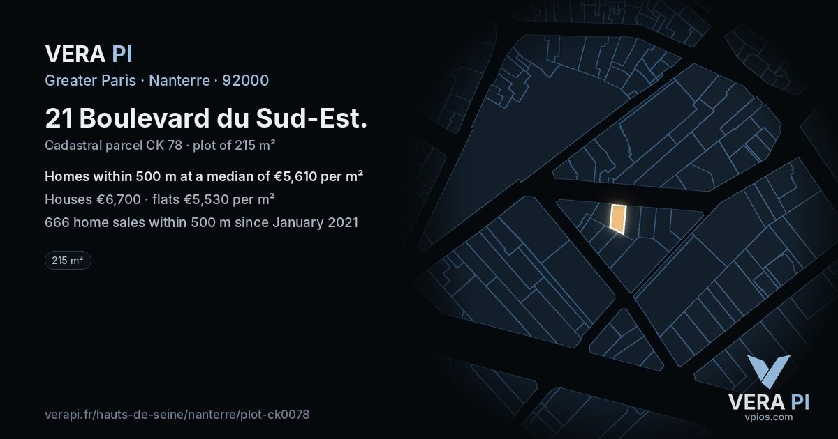 21 Boulevard du Sud-Est, Nanterre at night – the plot lit, the parcels around coloured by the prices near them