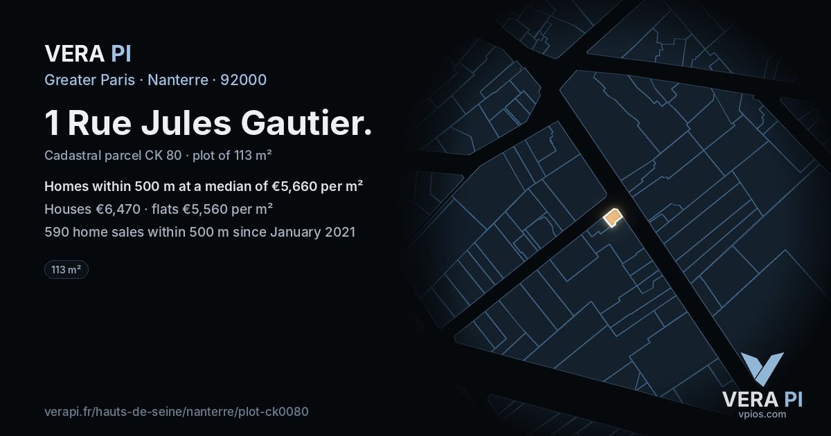 1 Rue Jules Gautier, Nanterre at night – the plot lit, the parcels around coloured by the prices near them