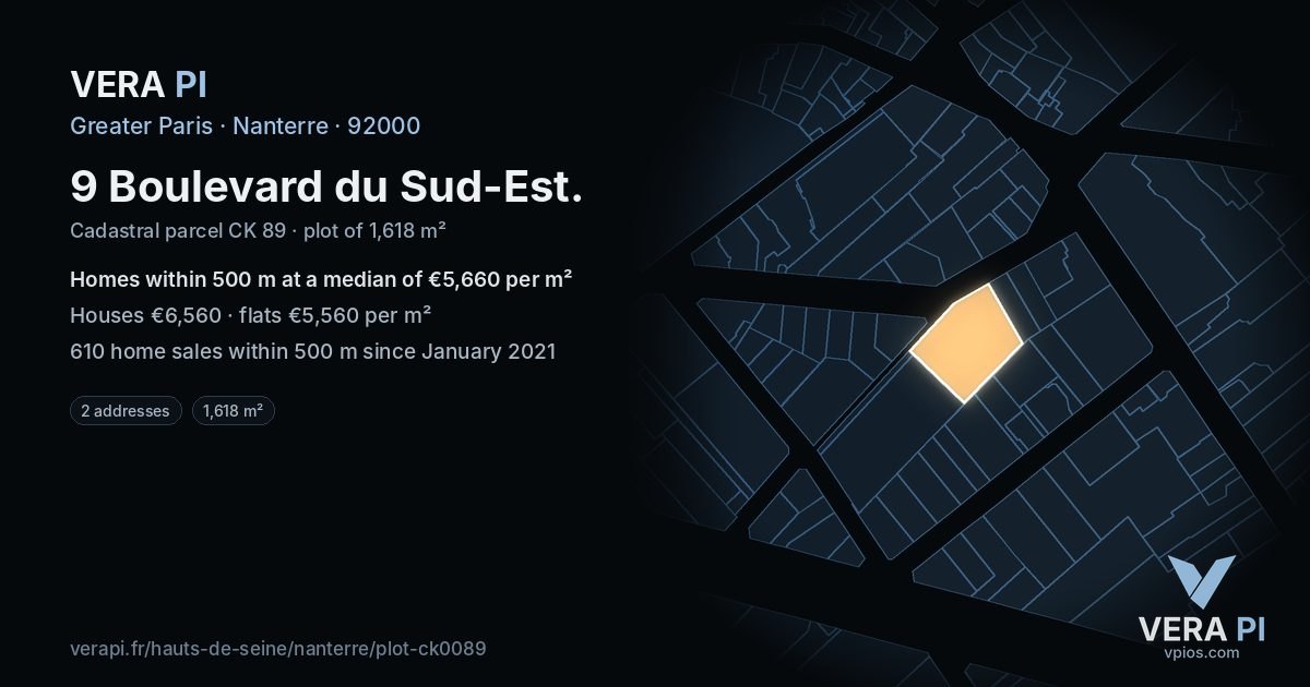 9 Boulevard du Sud-Est, Nanterre at night – the plot lit, the parcels around coloured by the prices near them