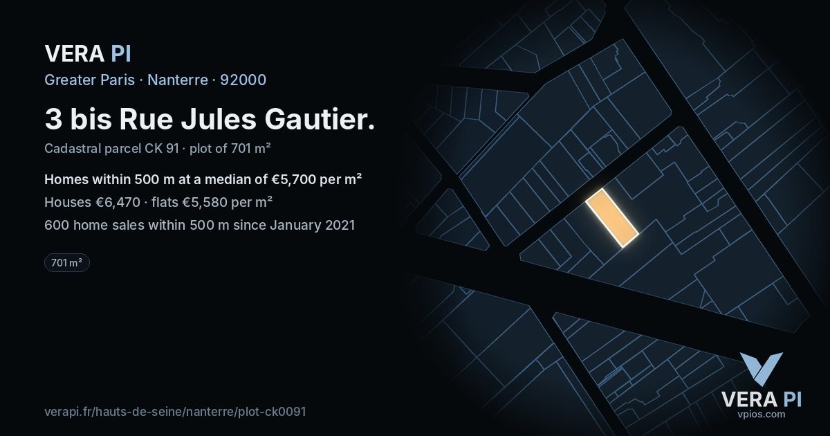 3 bis Rue Jules Gautier, Nanterre at night – the plot lit, the parcels around coloured by the prices near them