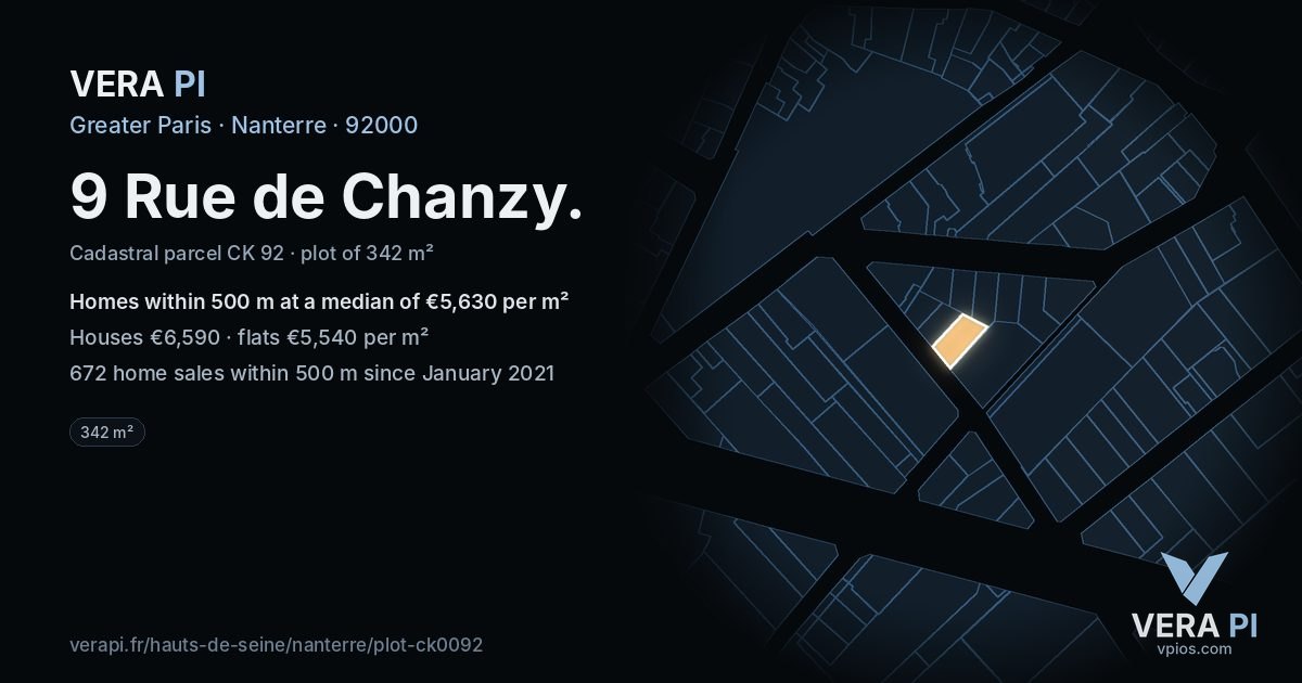 9 Rue de Chanzy, Nanterre at night – the plot lit, the parcels around coloured by the prices near them