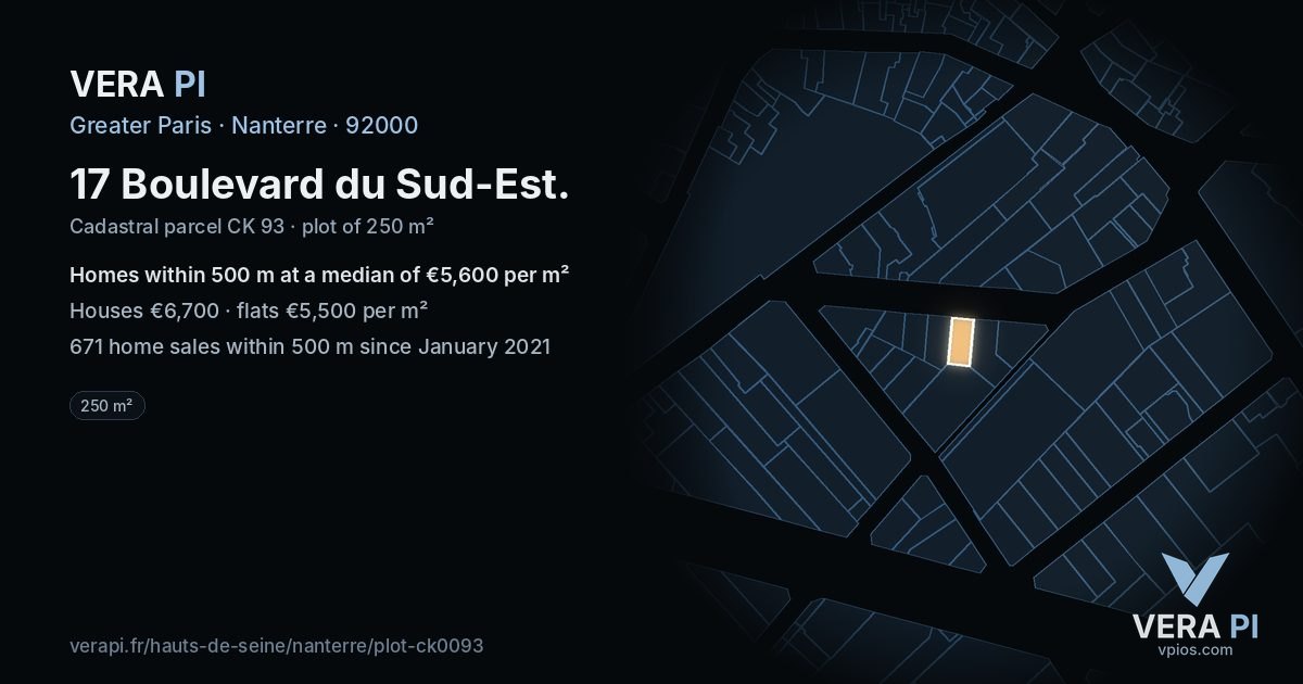 17 Boulevard du Sud-Est, Nanterre at night – the plot lit, the parcels around coloured by the prices near them