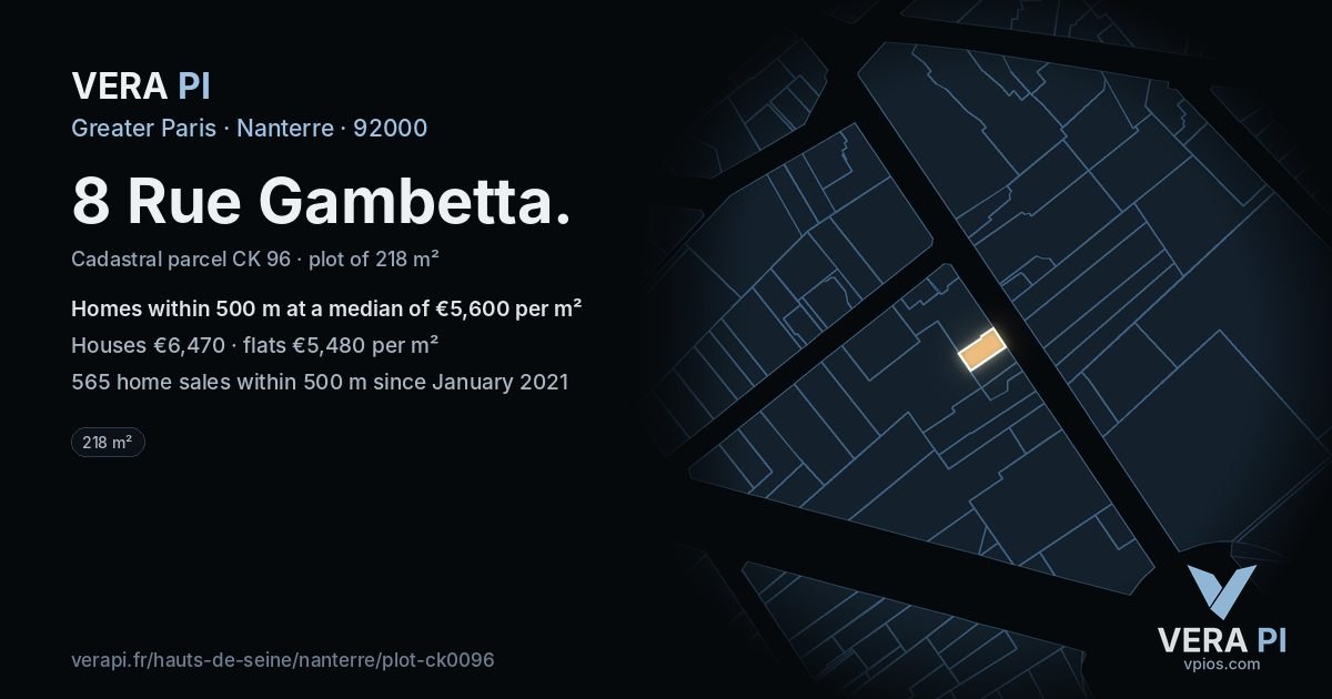 8 Rue Gambetta, Nanterre at night – the plot lit, the parcels around coloured by the prices near them