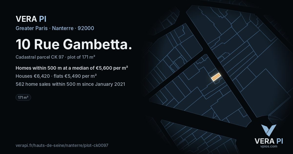 10 Rue Gambetta, Nanterre at night – the plot lit, the parcels around coloured by the prices near them