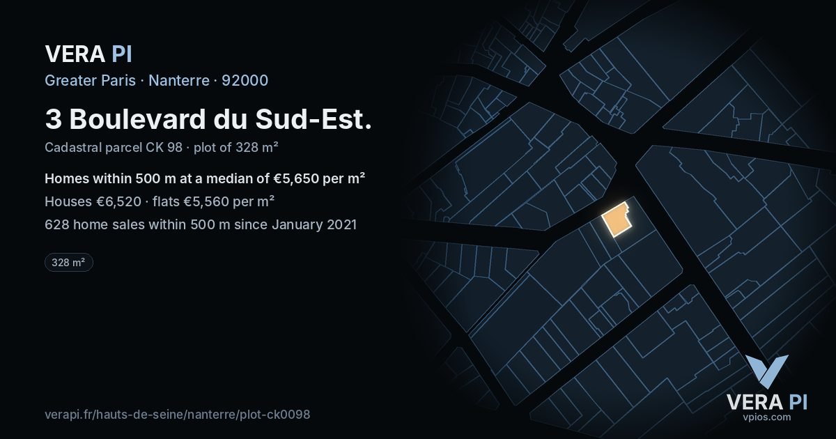 3 Boulevard du Sud-Est, Nanterre at night – the plot lit, the parcels around coloured by the prices near them