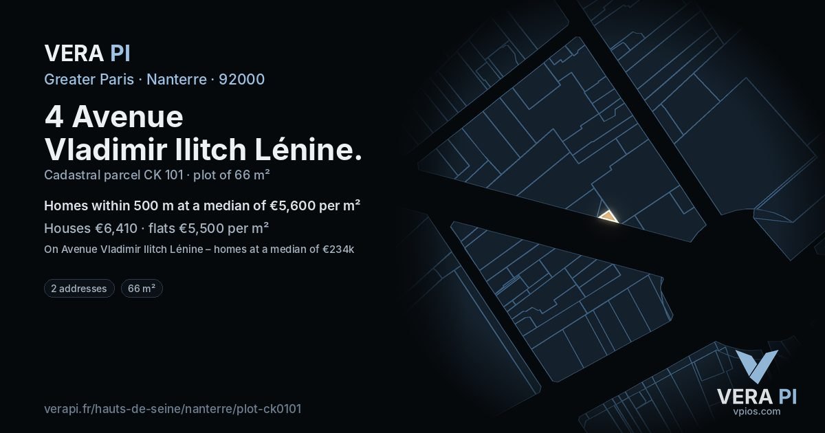 4 Avenue Vladimir Ilitch Lénine, Nanterre at night – the plot lit, the parcels around coloured by the prices near them