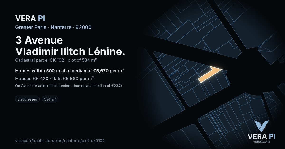 3 Avenue Vladimir Ilitch Lénine, Nanterre at night – the plot lit, the parcels around coloured by the prices near them