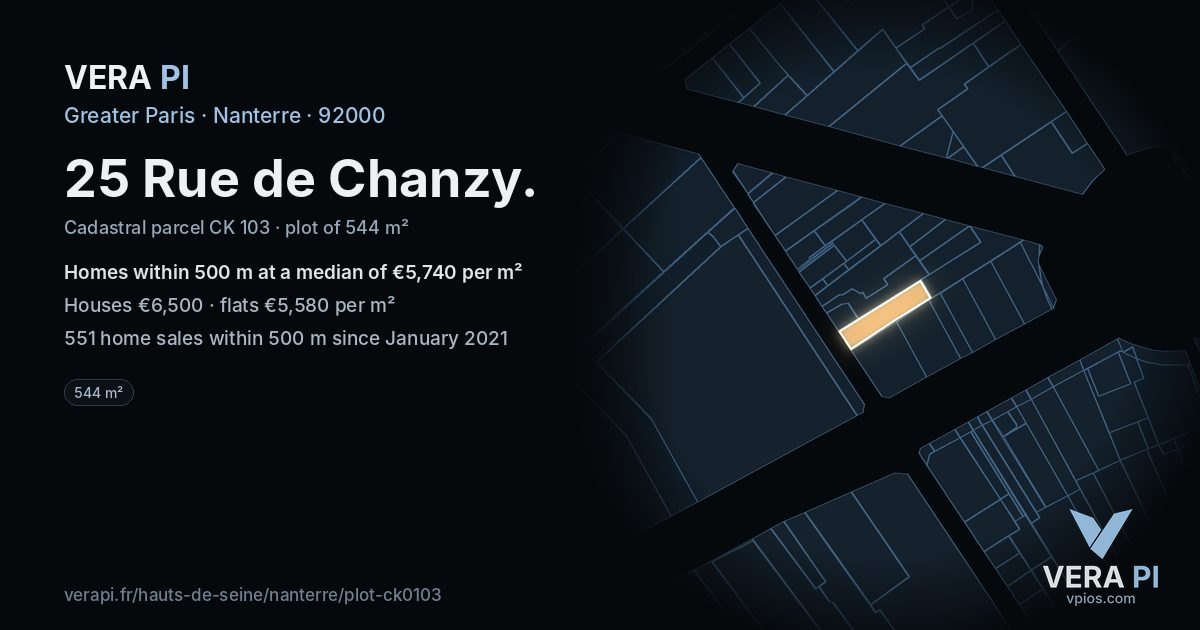 25 Rue de Chanzy, Nanterre at night – the plot lit, the parcels around coloured by the prices near them