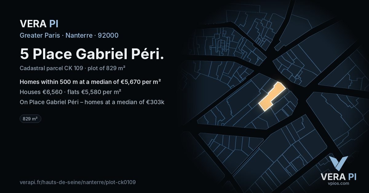 5 Place Gabriel Péri, Nanterre at night – the plot lit, the parcels around coloured by the prices near them