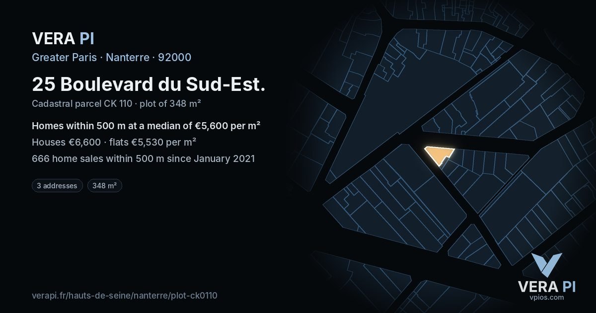 25 Boulevard du Sud-Est, Nanterre at night – the plot lit, the parcels around coloured by the prices near them