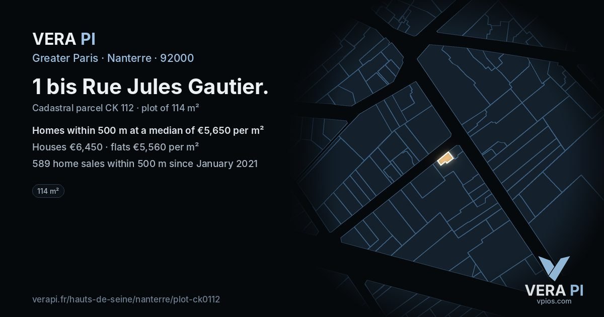 1 bis Rue Jules Gautier, Nanterre at night – the plot lit, the parcels around coloured by the prices near them