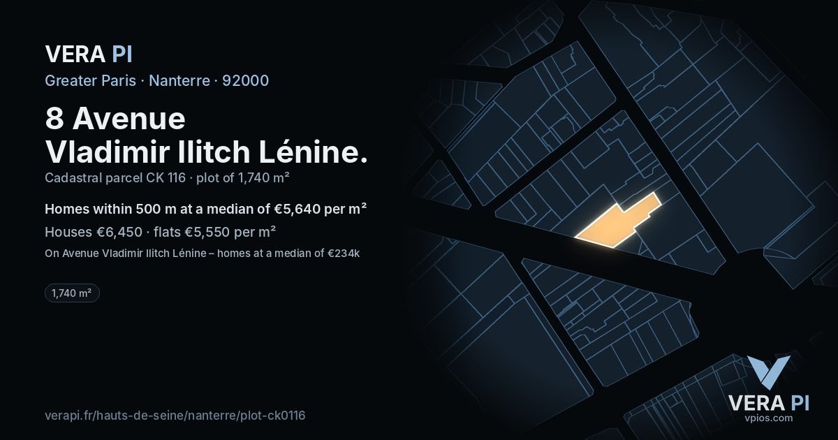 8 Avenue Vladimir Ilitch Lénine, Nanterre at night – the plot lit, the parcels around coloured by the prices near them