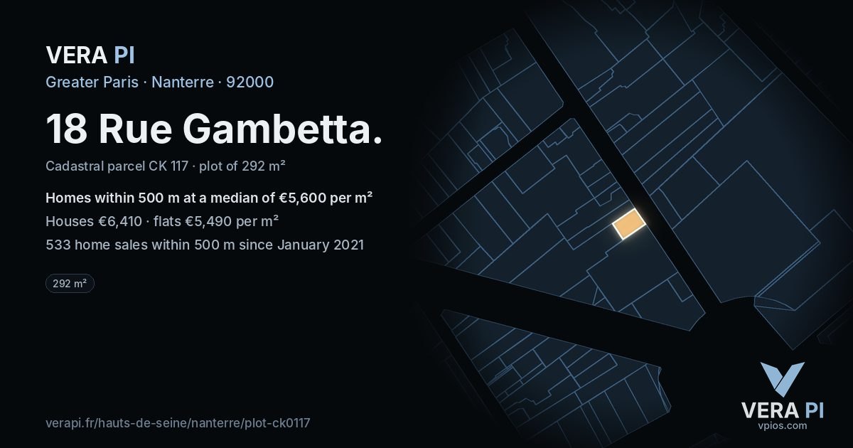 18 Rue Gambetta, Nanterre at night – the plot lit, the parcels around coloured by the prices near them