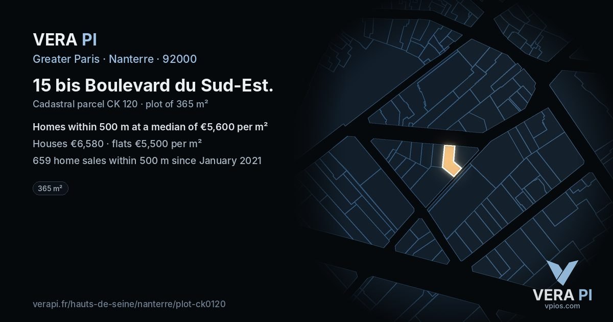 15 bis Boulevard du Sud-Est, Nanterre at night – the plot lit, the parcels around coloured by the prices near them