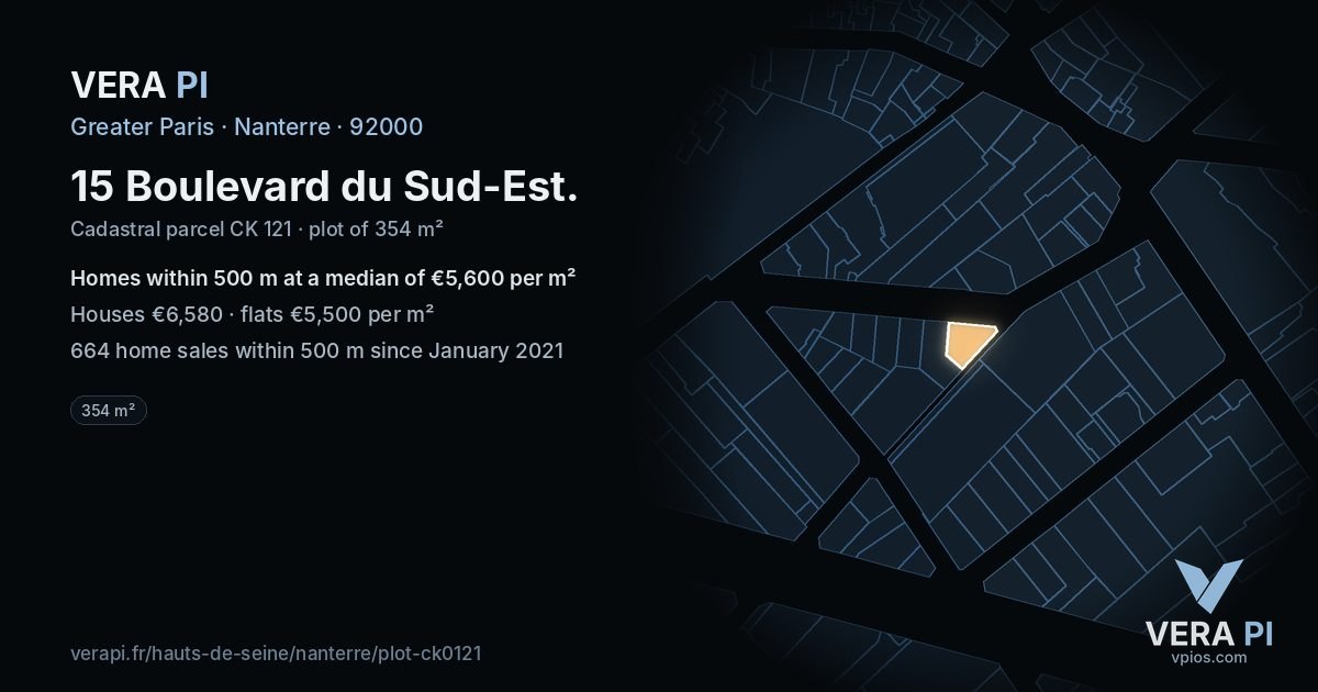 15 Boulevard du Sud-Est, Nanterre at night – the plot lit, the parcels around coloured by the prices near them