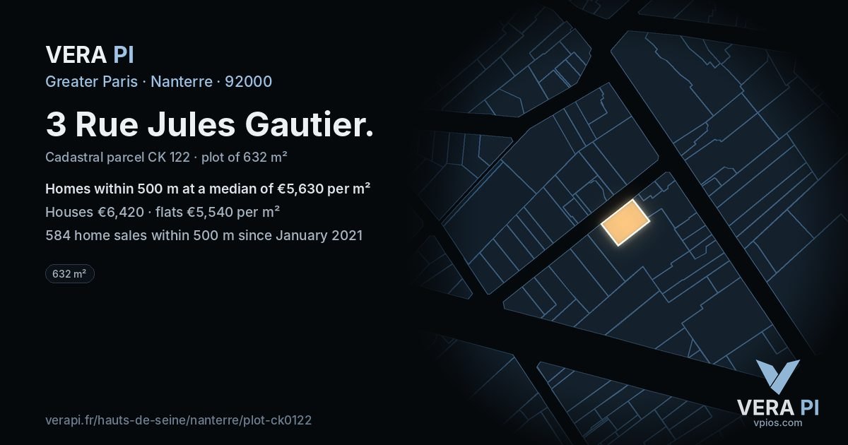 3 Rue Jules Gautier, Nanterre at night – the plot lit, the parcels around coloured by the prices near them
