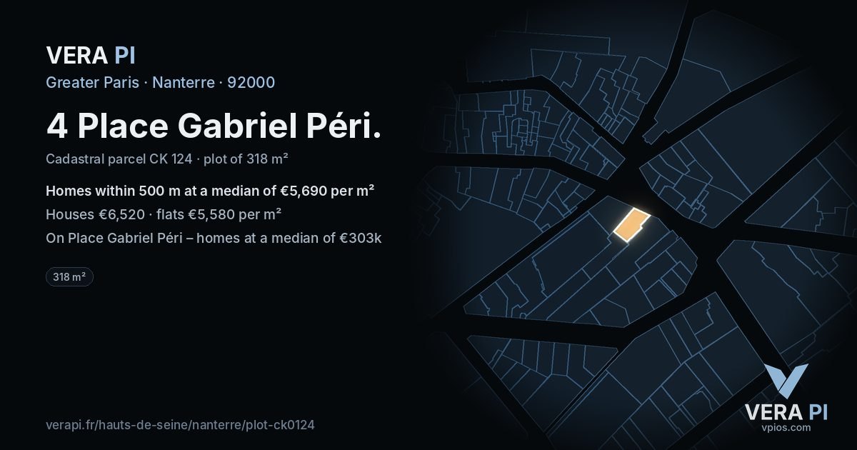 4 Place Gabriel Péri, Nanterre at night – the plot lit, the parcels around coloured by the prices near them