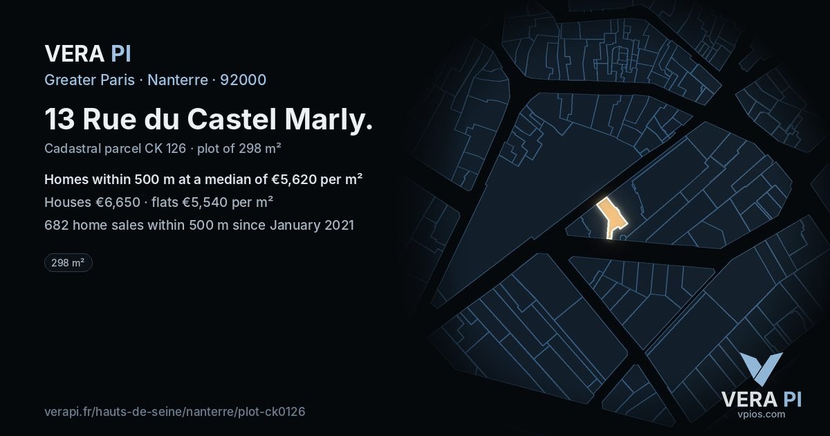 13 Rue du Castel Marly, Nanterre at night – the plot lit, the parcels around coloured by the prices near them