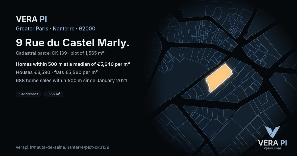 9 Rue du Castel Marly, Nanterre at night – the plot lit, the parcels around coloured by the prices near them