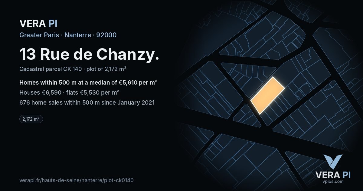 13 Rue de Chanzy, Nanterre at night – the plot lit, the parcels around coloured by the prices near them