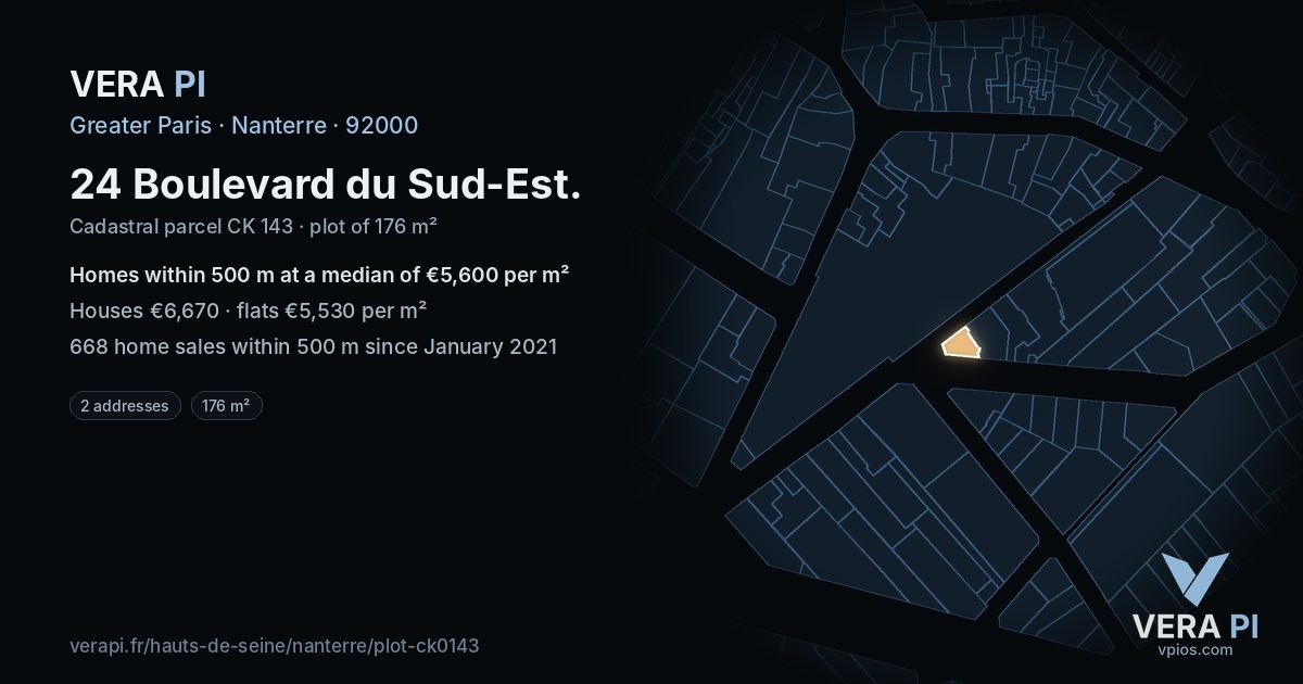 24 Boulevard du Sud-Est, Nanterre at night – the plot lit, the parcels around coloured by the prices near them