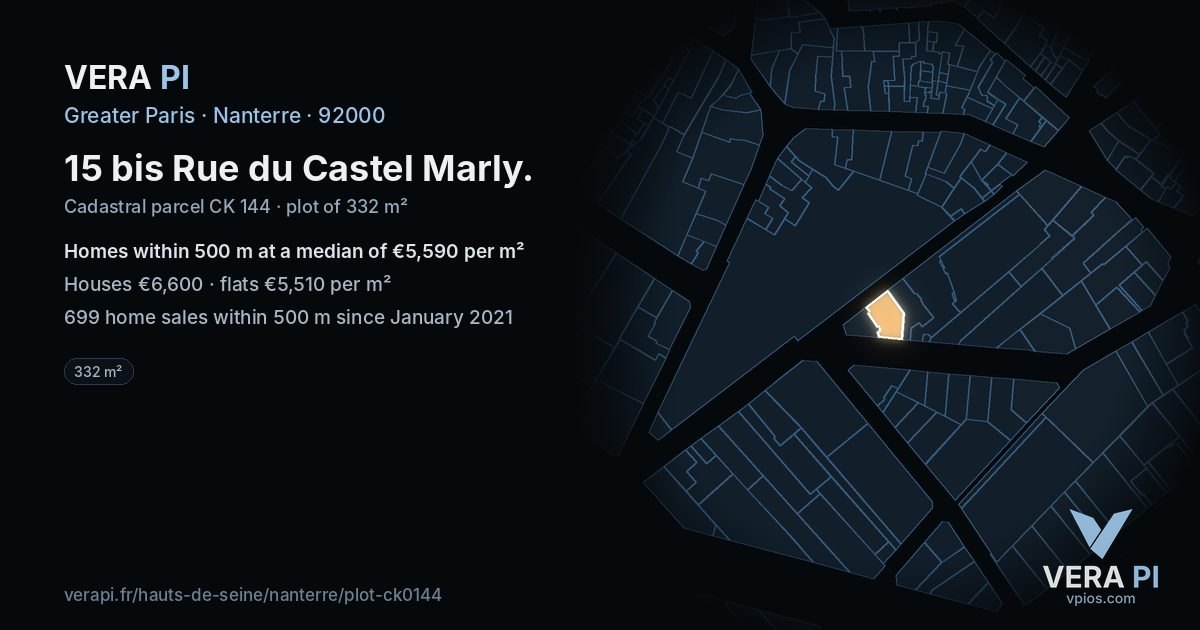 15 bis Rue du Castel Marly, Nanterre at night – the plot lit, the parcels around coloured by the prices near them