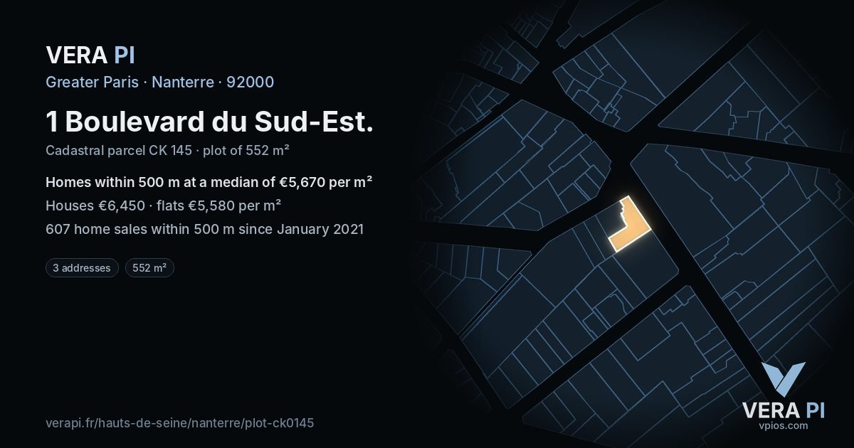 1 Boulevard du Sud-Est, Nanterre at night – the plot lit, the parcels around coloured by the prices near them