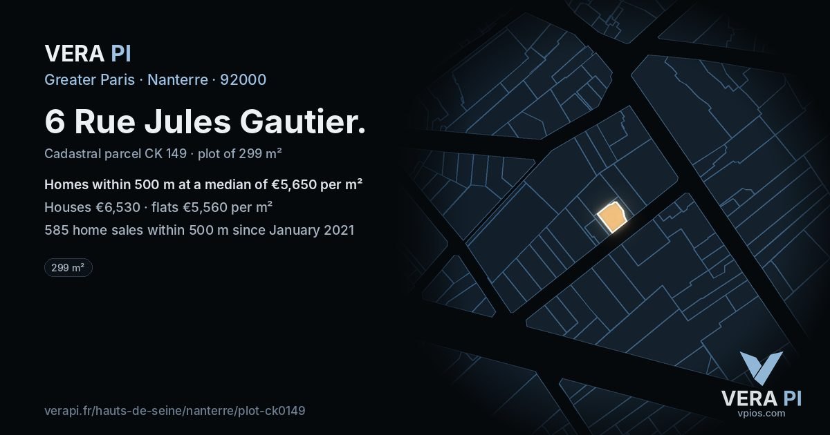 6 Rue Jules Gautier, Nanterre at night – the plot lit, the parcels around coloured by the prices near them