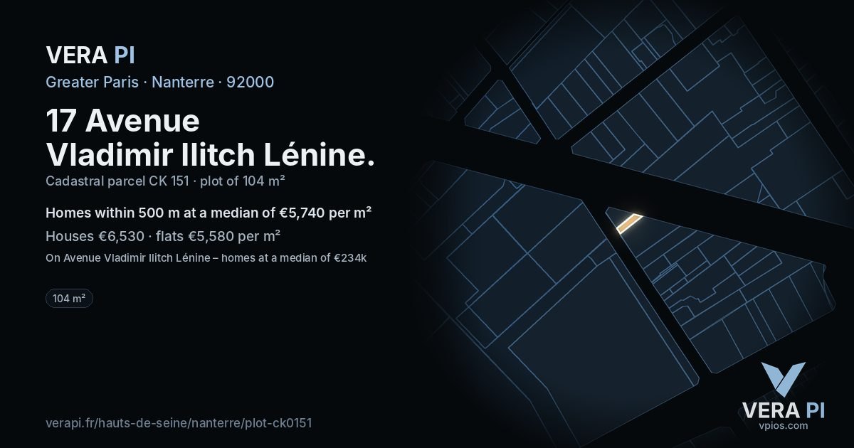 17 Avenue Vladimir Ilitch Lénine, Nanterre at night – the plot lit, the parcels around coloured by the prices near them