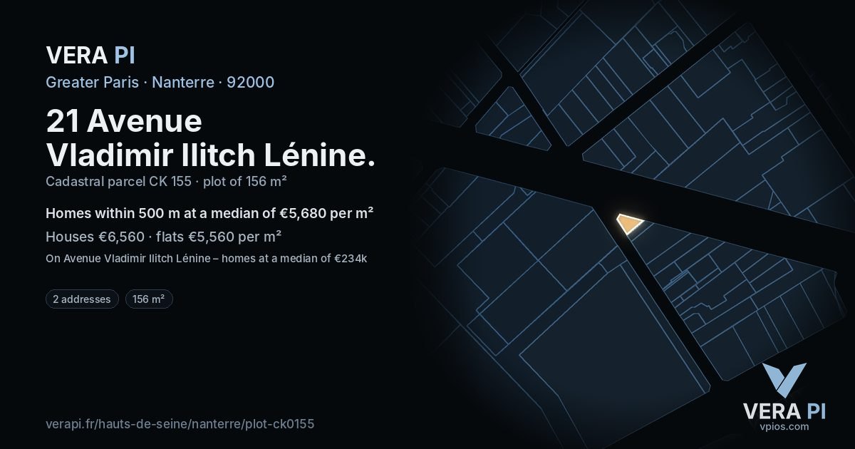 21 Avenue Vladimir Ilitch Lénine, Nanterre at night – the plot lit, the parcels around coloured by the prices near them