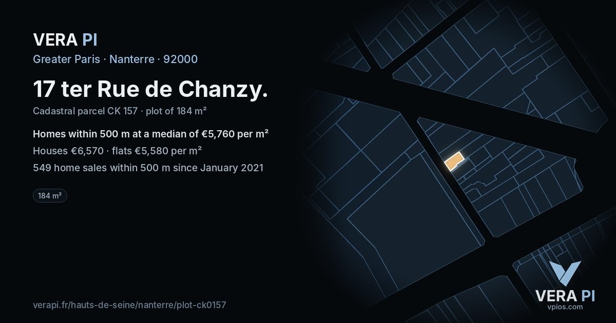 17 ter Rue de Chanzy, Nanterre at night – the plot lit, the parcels around coloured by the prices near them