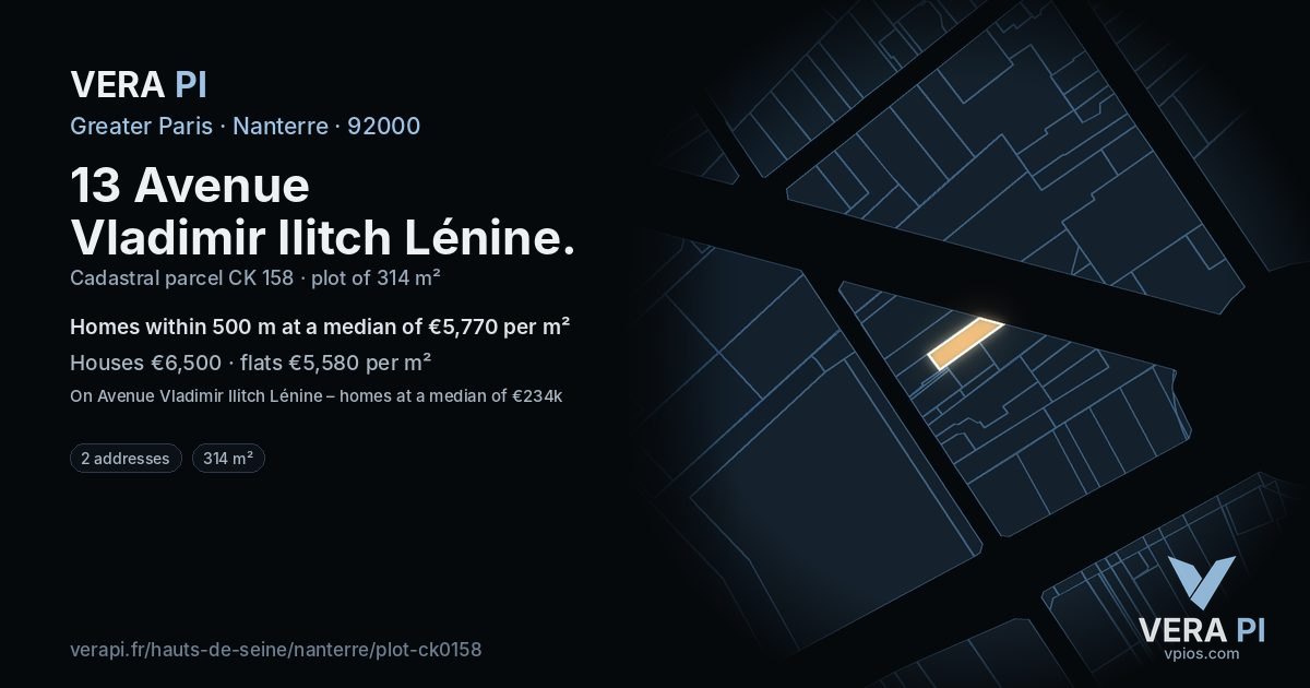 13 Avenue Vladimir Ilitch Lénine, Nanterre at night – the plot lit, the parcels around coloured by the prices near them