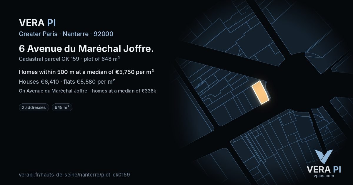 6 Avenue du Maréchal Joffre, Nanterre at night – the plot lit, the parcels around coloured by the prices near them