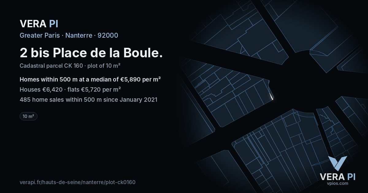 2 bis Place de la Boule, Nanterre at night – the plot lit, the parcels around coloured by the prices near them