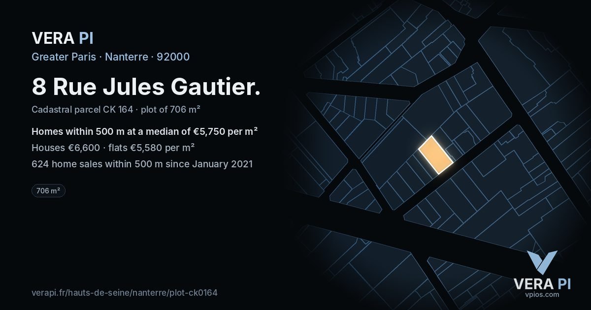8 Rue Jules Gautier, Nanterre at night – the plot lit, the parcels around coloured by the prices near them