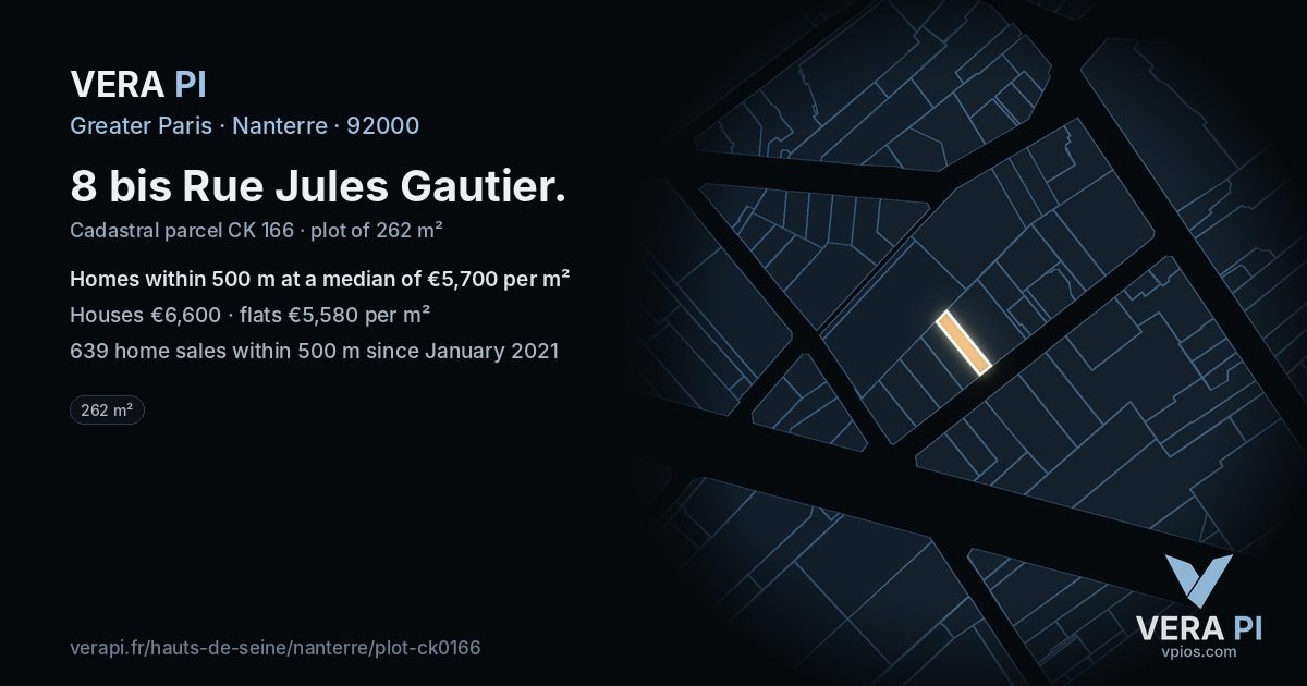 8 bis Rue Jules Gautier, Nanterre at night – the plot lit, the parcels around coloured by the prices near them