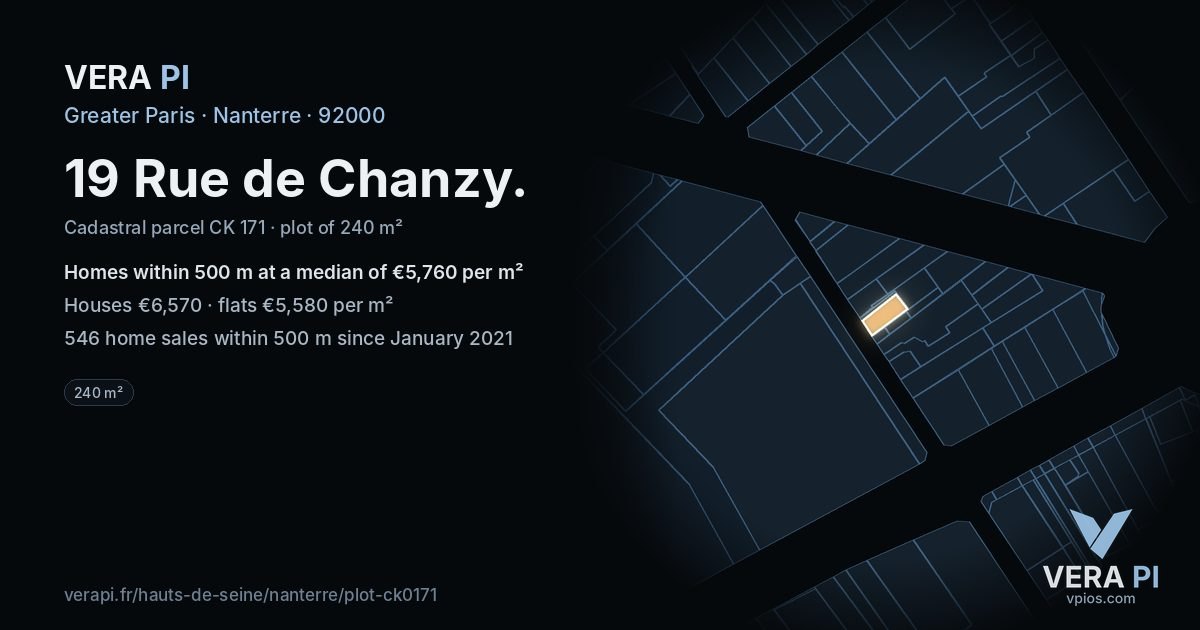 19 Rue de Chanzy, Nanterre at night – the plot lit, the parcels around coloured by the prices near them