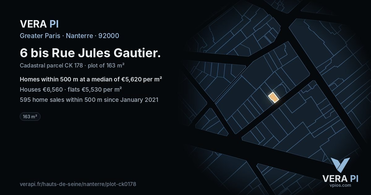 6 bis Rue Jules Gautier, Nanterre at night – the plot lit, the parcels around coloured by the prices near them