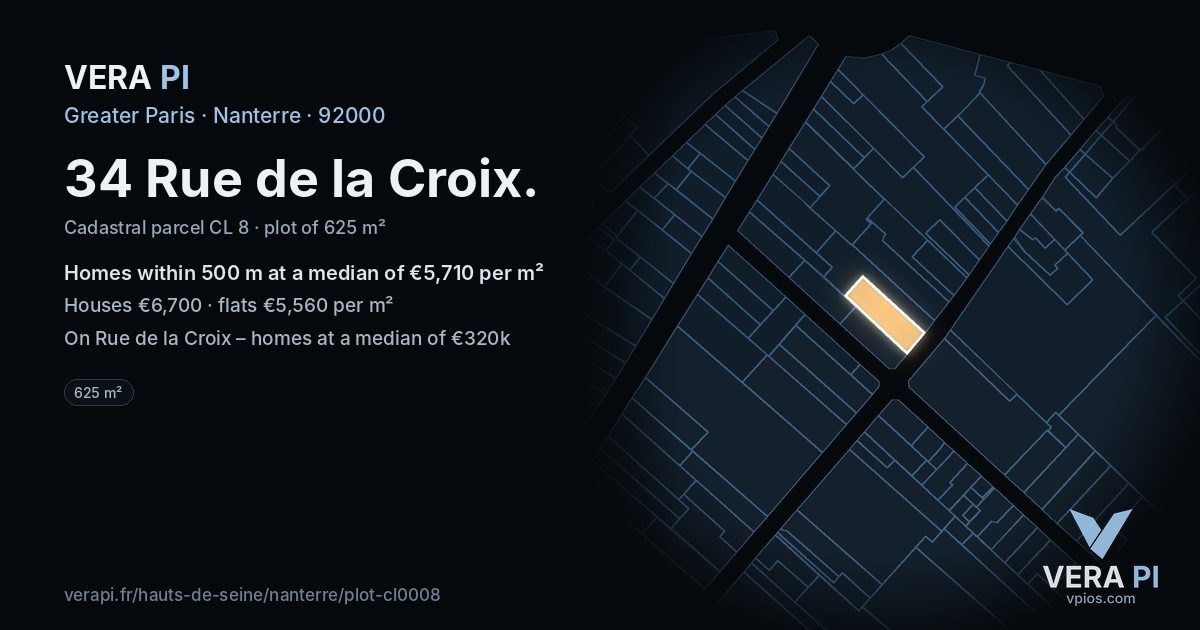 34 Rue de la Croix, Nanterre at night – the plot lit, the parcels around coloured by the prices near them