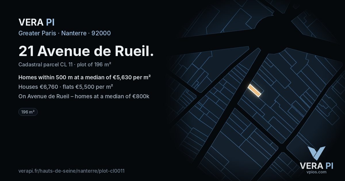 21 Avenue de Rueil, Nanterre at night – the plot lit, the parcels around coloured by the prices near them