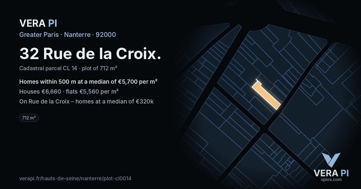 32 Rue de la Croix, Nanterre at night – the plot lit, the parcels around coloured by the prices near them