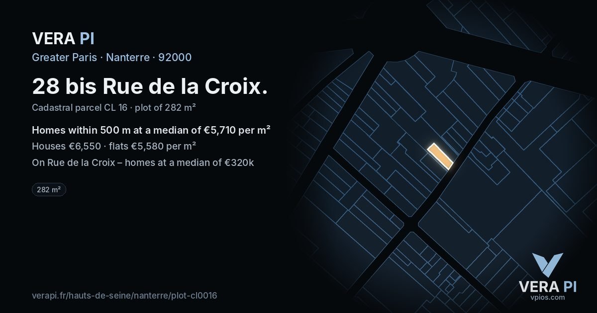 28 bis Rue de la Croix, Nanterre at night – the plot lit, the parcels around coloured by the prices near them
