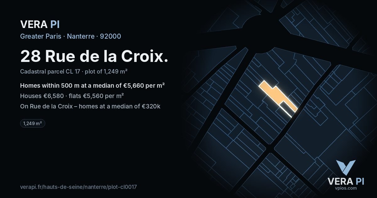 28 Rue de la Croix, Nanterre at night – the plot lit, the parcels around coloured by the prices near them