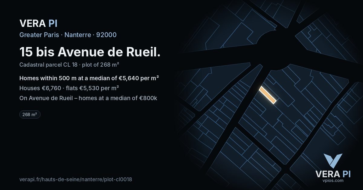 15 bis Avenue de Rueil, Nanterre at night – the plot lit, the parcels around coloured by the prices near them
