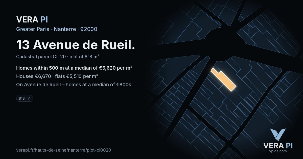 13 Avenue de Rueil, Nanterre at night – the plot lit, the parcels around coloured by the prices near them