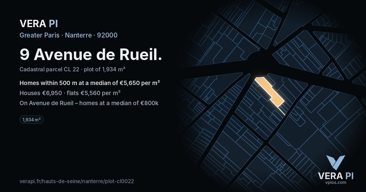 9 Avenue de Rueil, Nanterre at night – the plot lit, the parcels around coloured by the prices near them