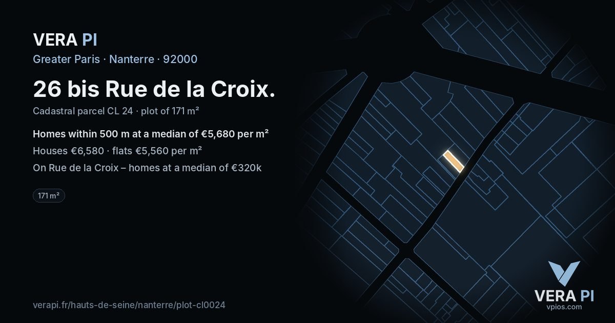 26 bis Rue de la Croix, Nanterre at night – the plot lit, the parcels around coloured by the prices near them